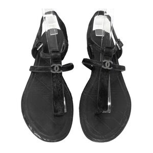 Chanel Black‎ Leather Flat Sandals CC Logo Thong Shoes 37.5